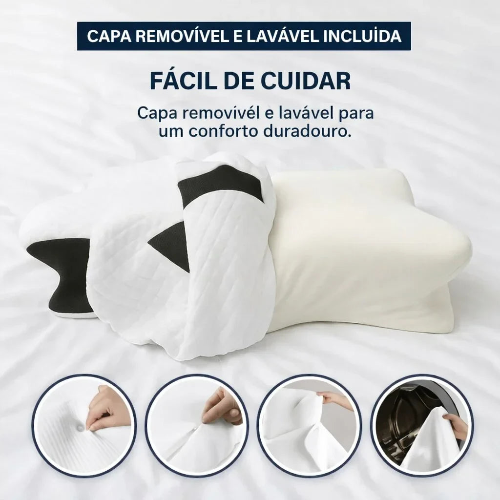 Almofada ergonómica com capa removível e lavável, indicada para apoio ao pescoço.